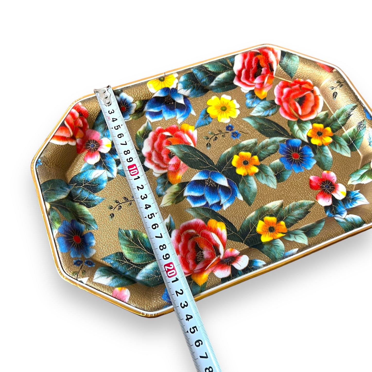Floral Gold-Toned Metal Serving Tray - Vibrant Flower Pattern, Octagonal Shape