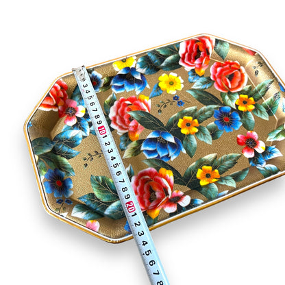 Floral Gold-Toned Metal Serving Tray - Vibrant Flower Pattern, Octagonal Shape