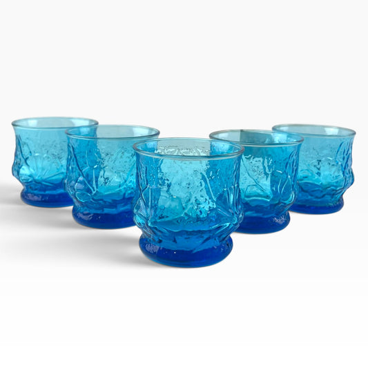 Anchor Hocking Rainflower Laser Blue Glasses- Set of 5 Vintage 1970s