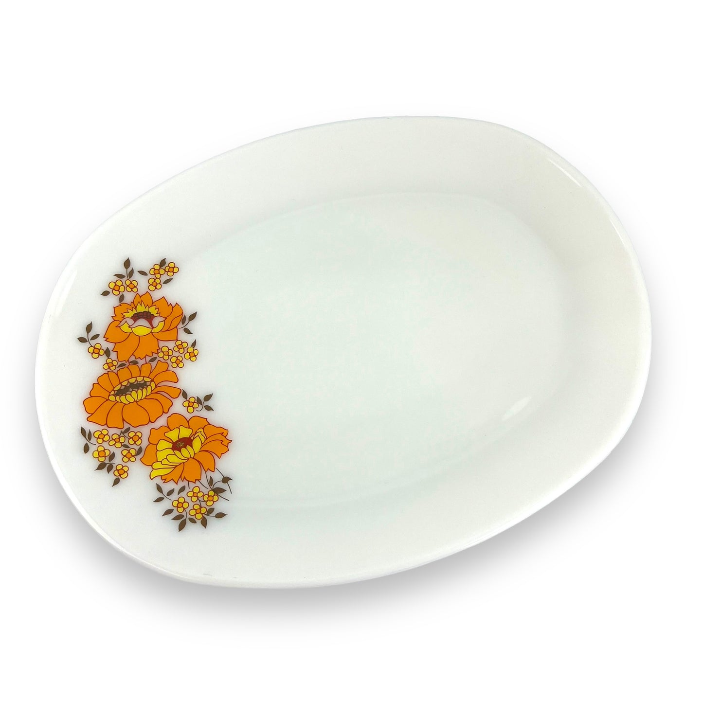 Orange Flower White Milk Glass Oval Plate