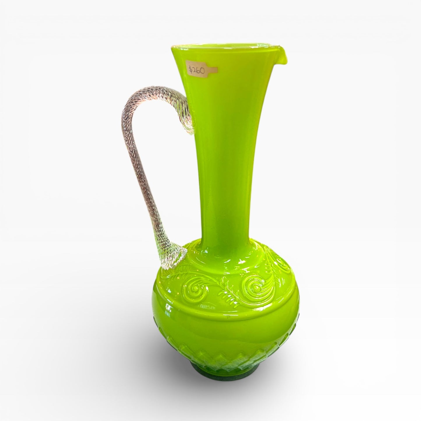 Lime Green Art Glass Ewer Vase with Clear Applied Handle – Decorative Scroll Detail