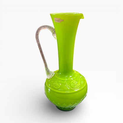 Lime Green Art Glass Ewer Vase with Clear Applied Handle – Decorative Scroll Detail