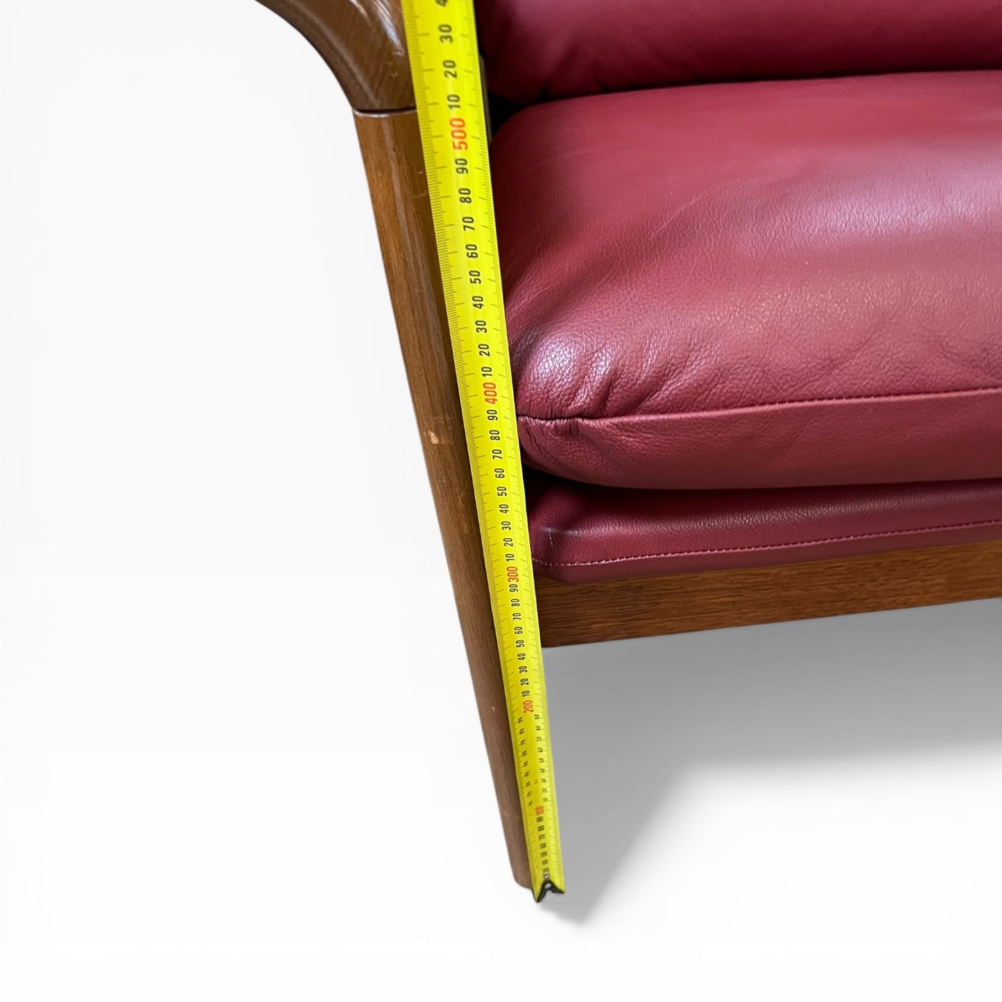 Timber Armchair with Sculpted Curved Armrests & Burgundy Leather Cushions