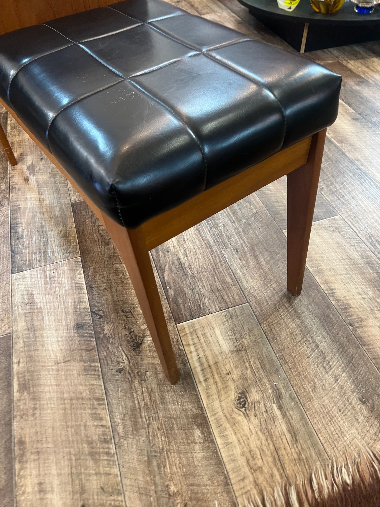 Teak Telephone Bench Seat with Black Vinyl Cushion