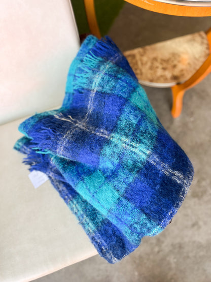 Blue Plaid Wool & Mohair Blanket