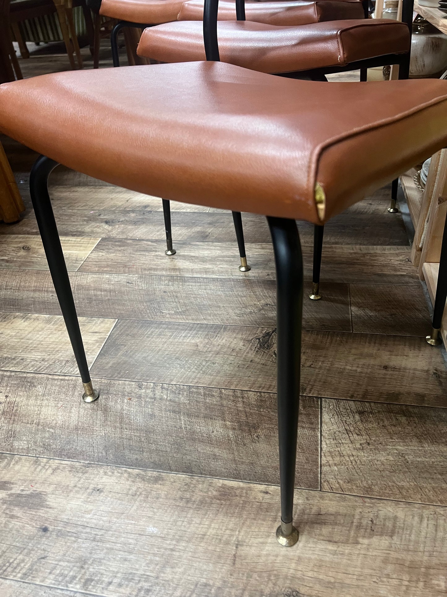 Set of 4 Mid Century Brown Vinyl Dining Chairs with Black Metal Frames