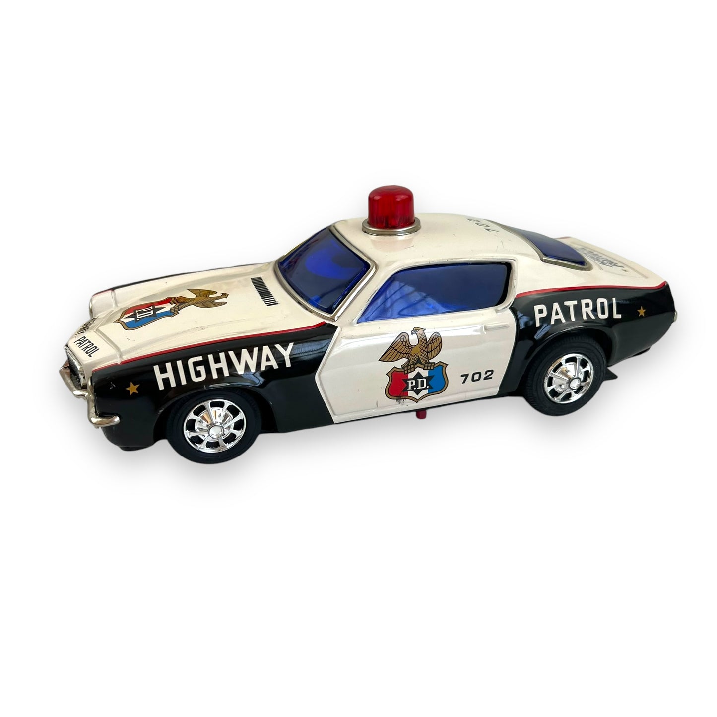 Vintage 1960s Taiyo Japan Tin Highway Patrol Car - Battery Operated Oldsmobile Toronado Police Department Toy