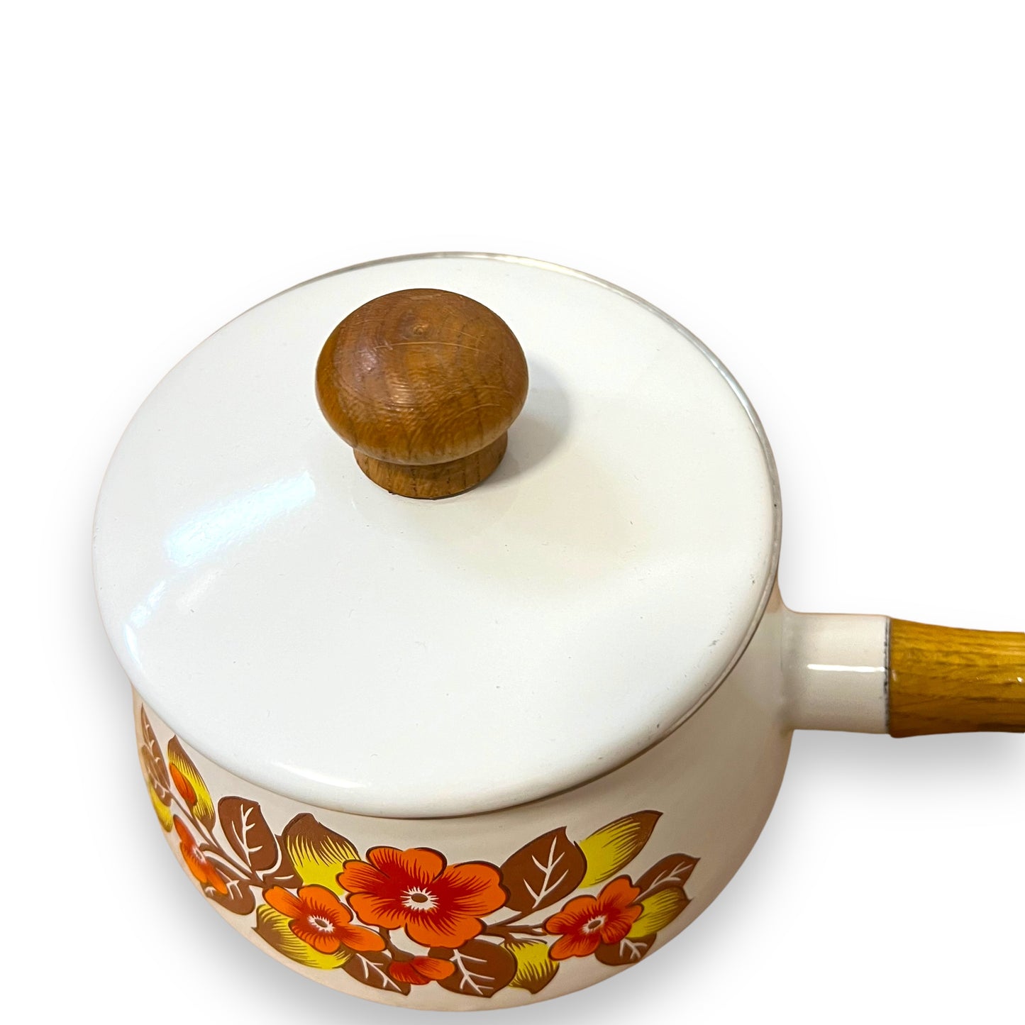 Floral Enamel Fondue Pot with Wooden Handle and Lid