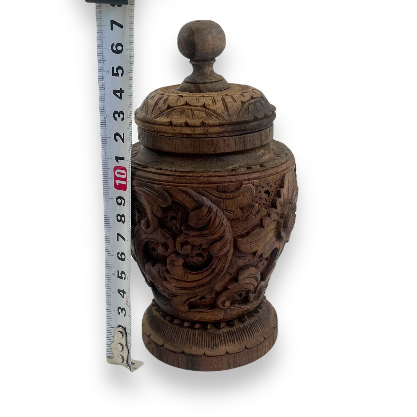 Hand-Carved Wooden Decorative Jar with Lid – Intricately Floral Design