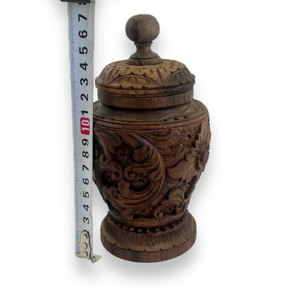 Hand-Carved Wooden Decorative Jar with Lid – Intricately Floral Design