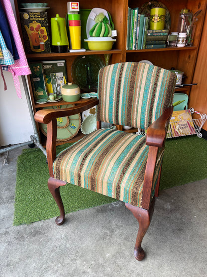 Occasional Armchair with Sculptural Timber Frame & Retro Stripe Upholstery