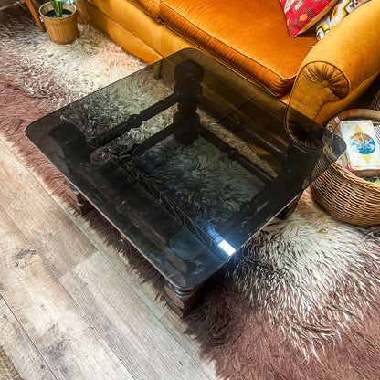Solid Timber & Smoked Glass Coffee Table – Chunky Sculptural Base