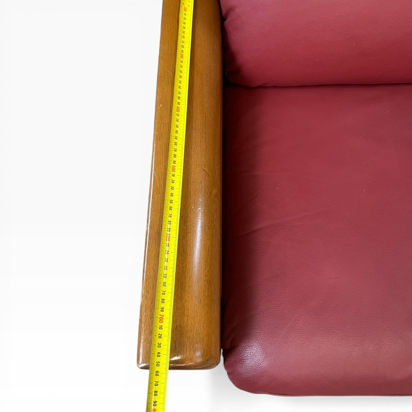 Timber Armchair with Sculpted Curved Armrests & Burgundy Leather Cushions
