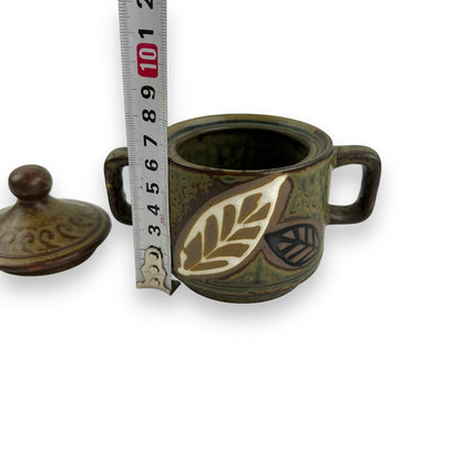Pottery Leaf Dark Green Sugar Bowl with Lid - Made in Japan