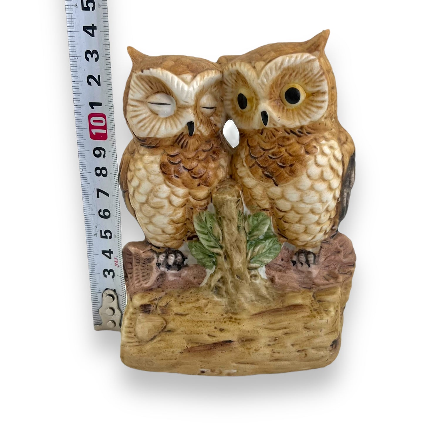 Flambro porcelain owls on a wooden log statue