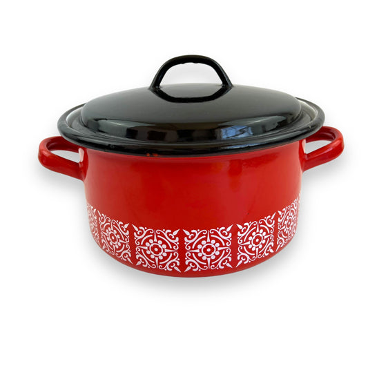 Enamel Double Handle Cooking Pot red, black and white