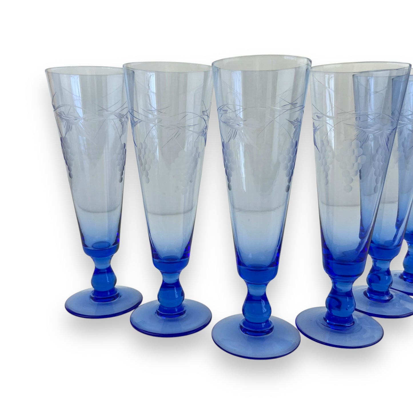 Blue grape etched cocktail flute glass set of 6
