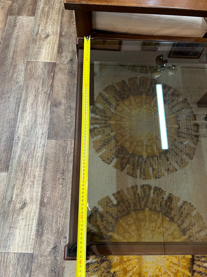 Mid-Century Modern Square Smoked Glass Coffee Table with Rich Reddish-Brown Timber Frame
