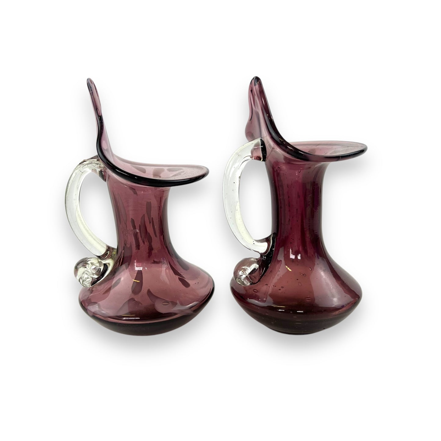 Pair of Amethyst Purple Handblown Glass Pitchers / Sculptural Vases