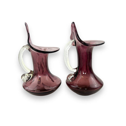 Pair of Amethyst Purple Handblown Glass Pitchers / Sculptural Vases
