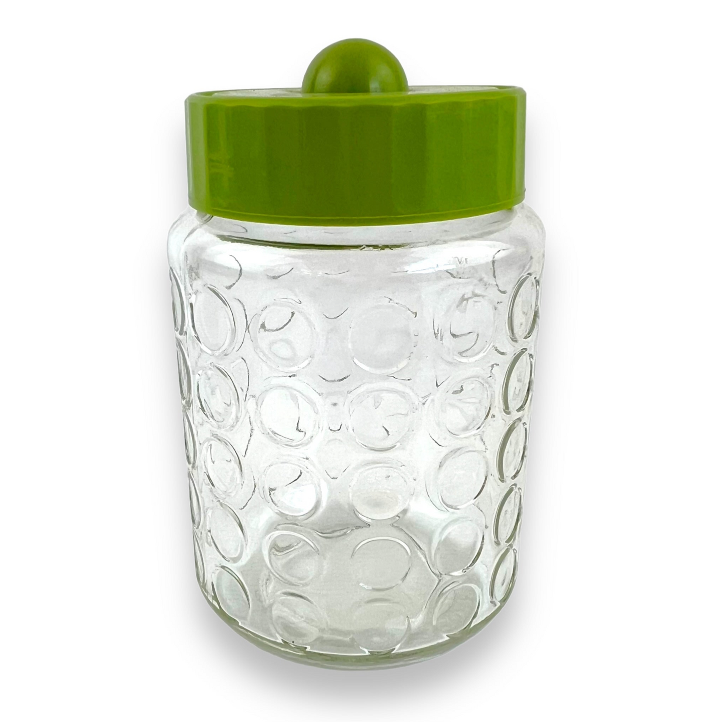 Green lid circle clear glass pattern jar