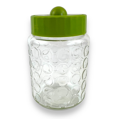 Green lid circle clear glass pattern jar