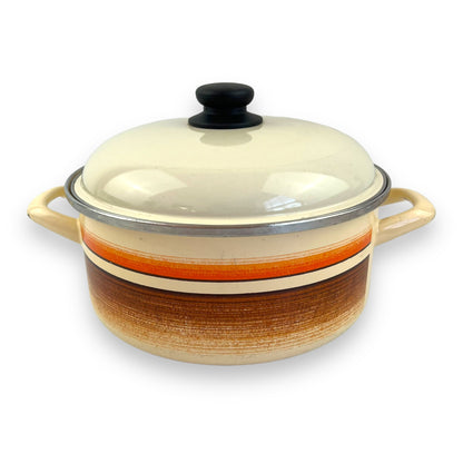 Orange and brown stripe cream coloured enamel cooking pot large
