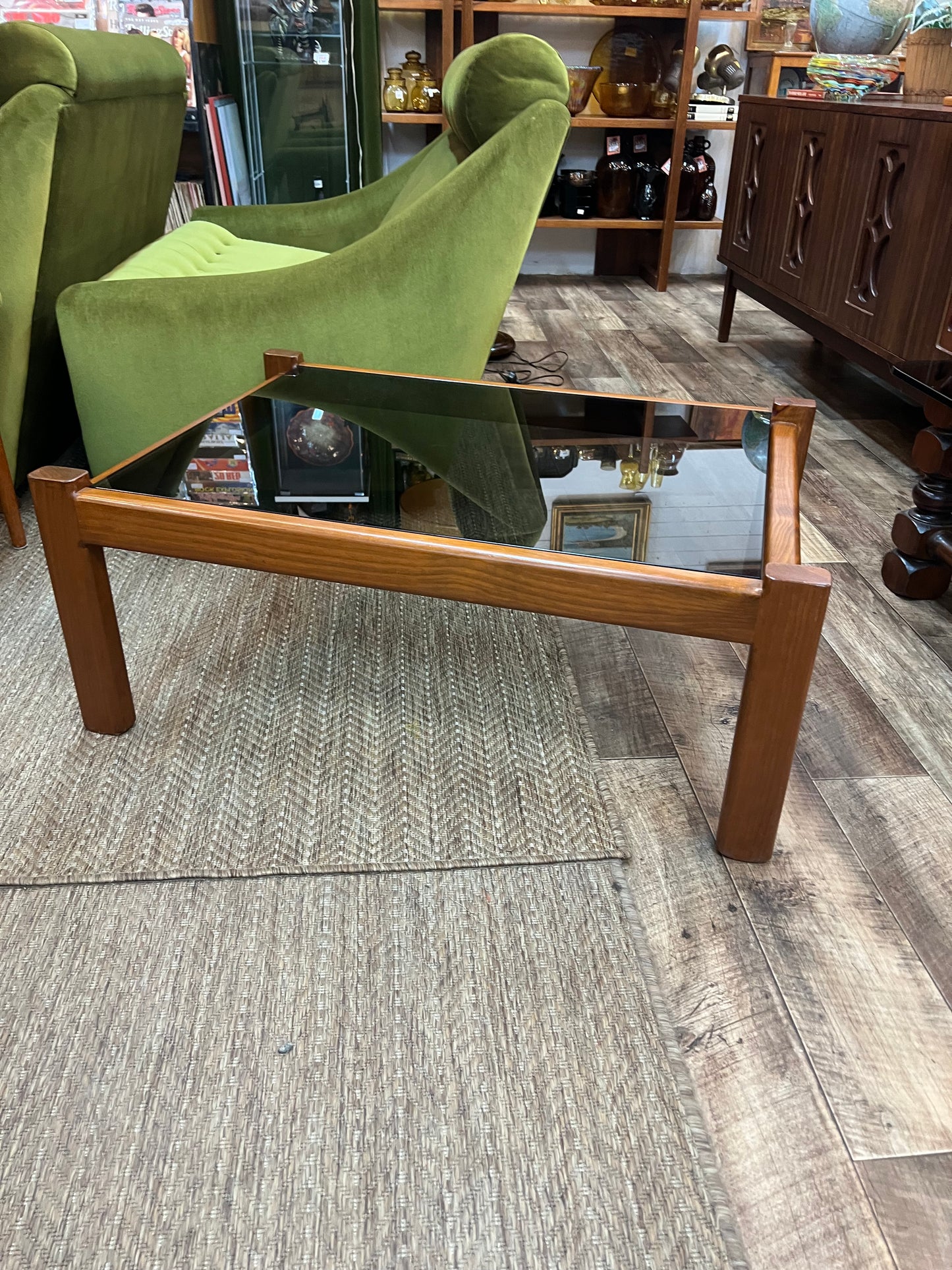 Mid Century Cedar Coffee Table with Smoked Glass Top