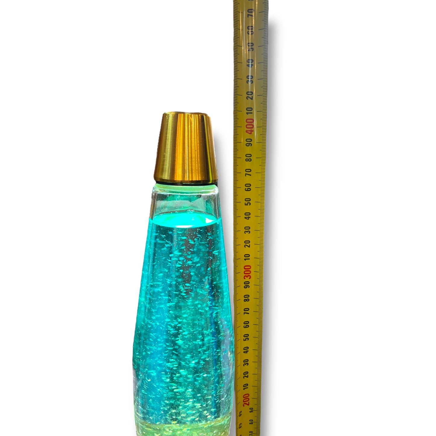 1970s Glitter Lava Lamp — Gold Anodised Base, Turquoise Glitter Fluid, Vintage Mathmos / Crestworth Style
