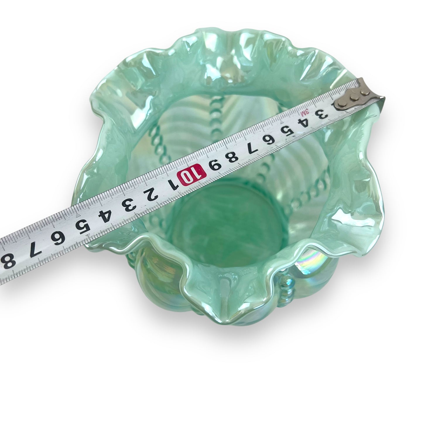 Fenton Opalescent Optic Sea Mist Green Beaded Melon Vase - Iridescent Ruffled Edge