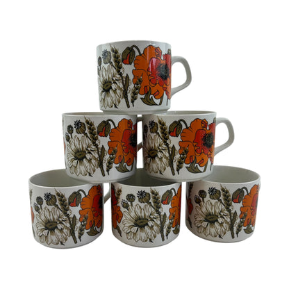 J & G Meakin Studio England “Poppy” Set of 6 Teacups