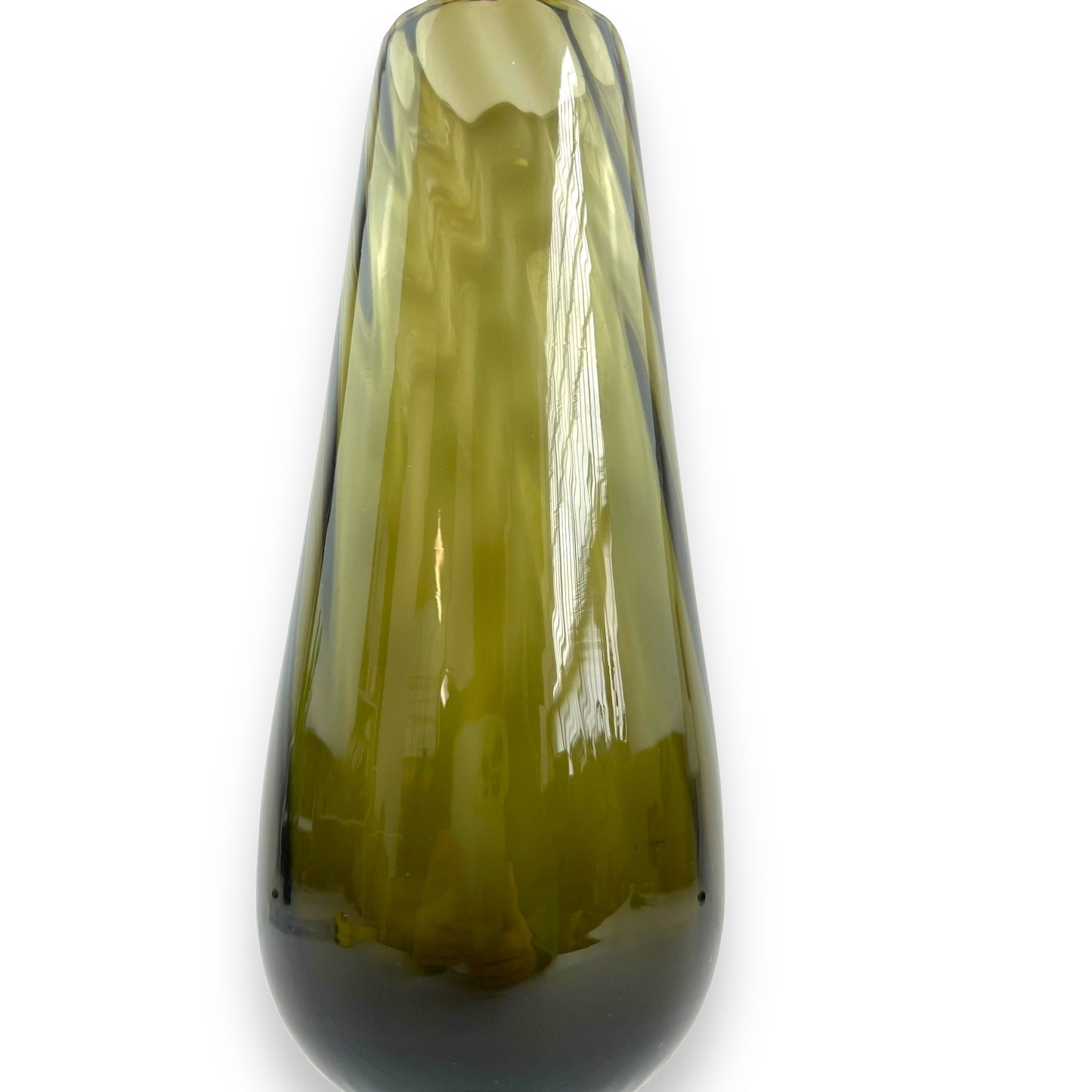 Olive green glass vase with clear glass twist stem