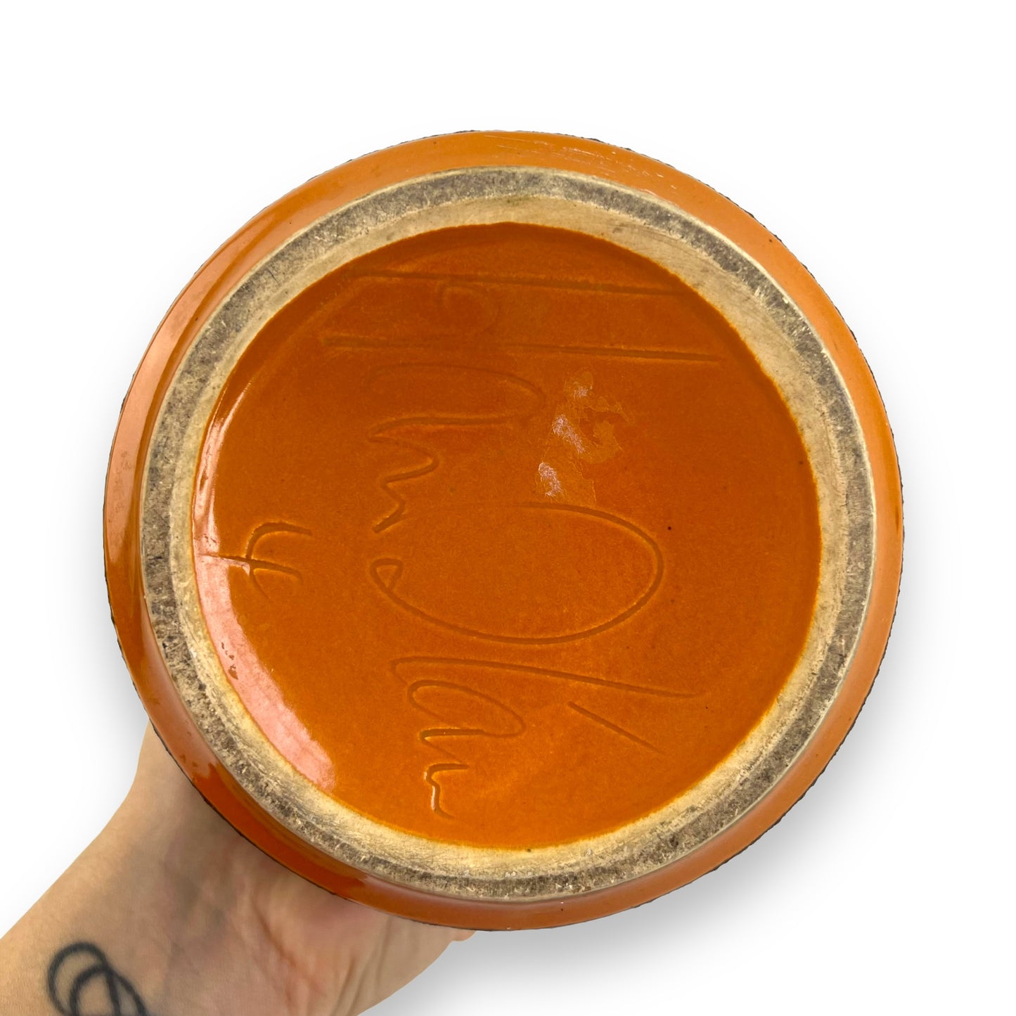 Hanstan Pottery “Tea” Canister Orange & Brown with Cork Lid
