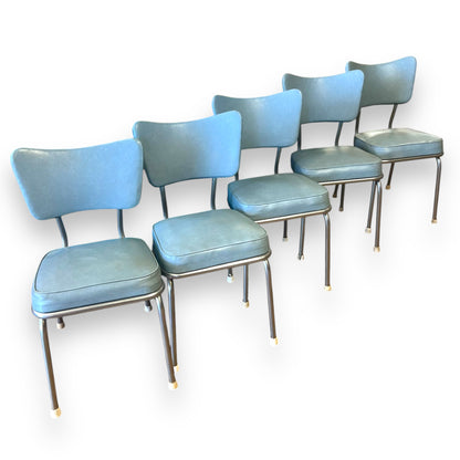 Blue Vinyl Dining Chair with Chrome Frame - Retro Mid-Century Modern Accent Chair