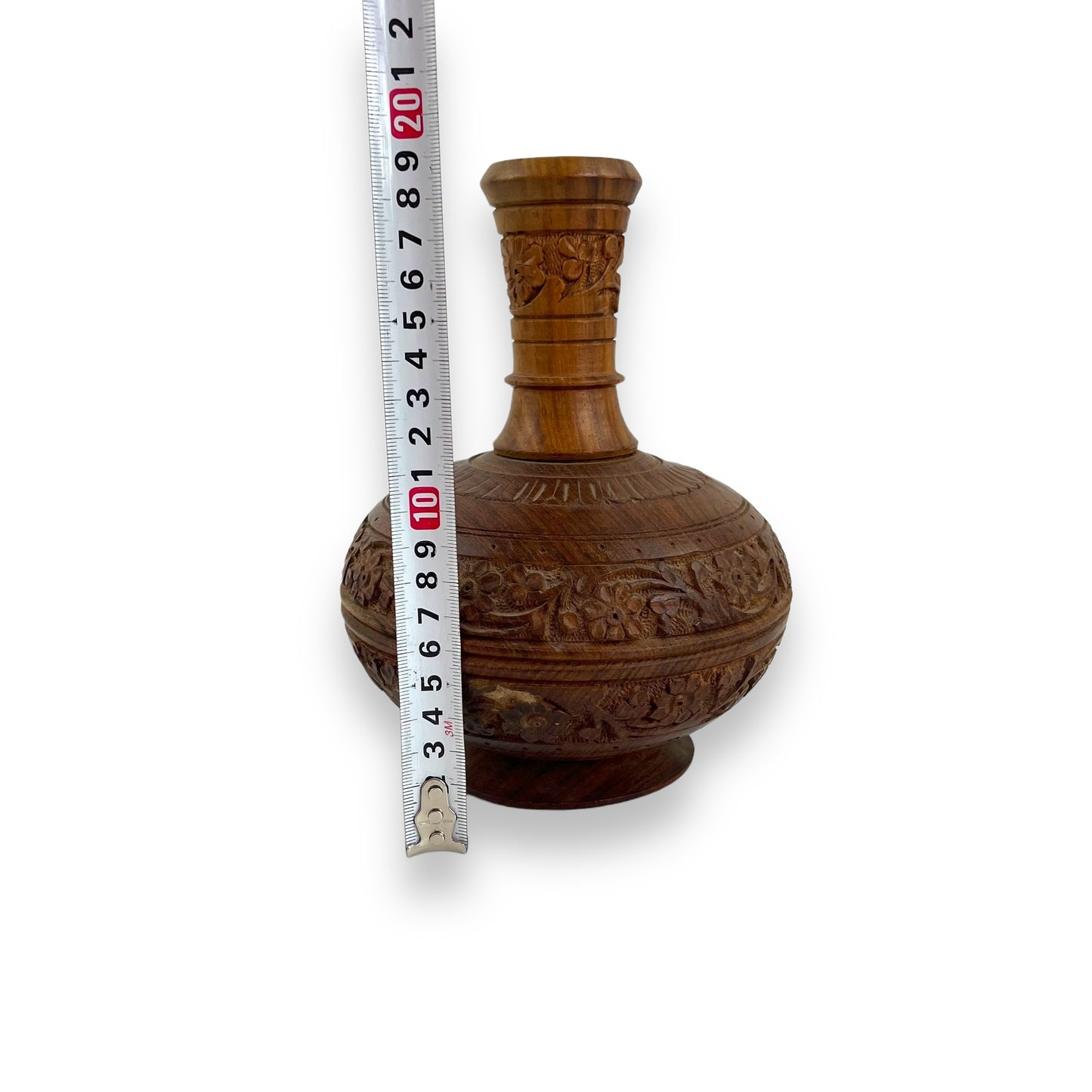 Wooden flower carved skinny neck vase