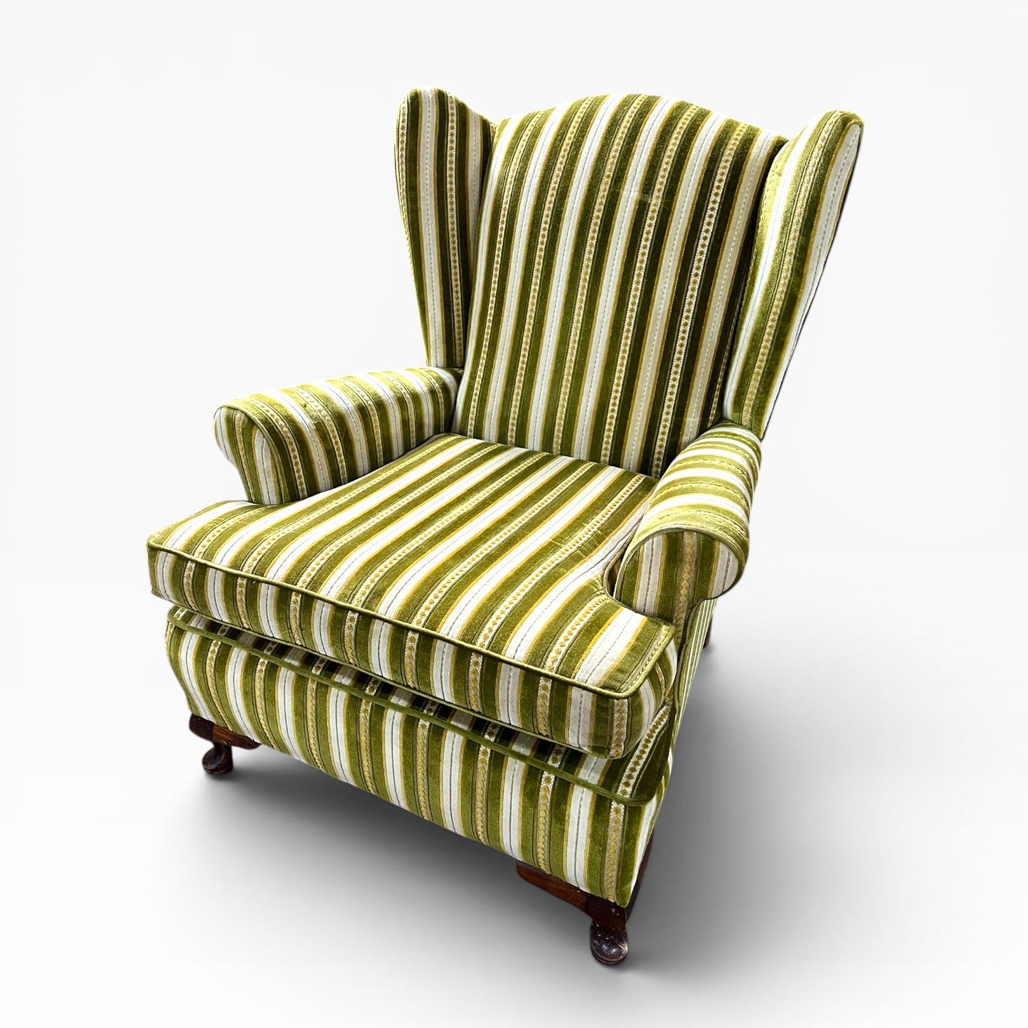 1. Vintage Green Striped Wingback Armchair