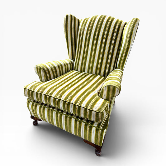 1. Vintage Green Striped Wingback Armchair
