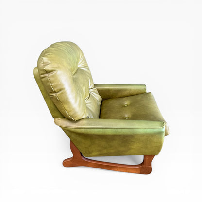Olive Green Vinyl Lounge Armchair with Timber Sleigh Base
 (rip on side)
