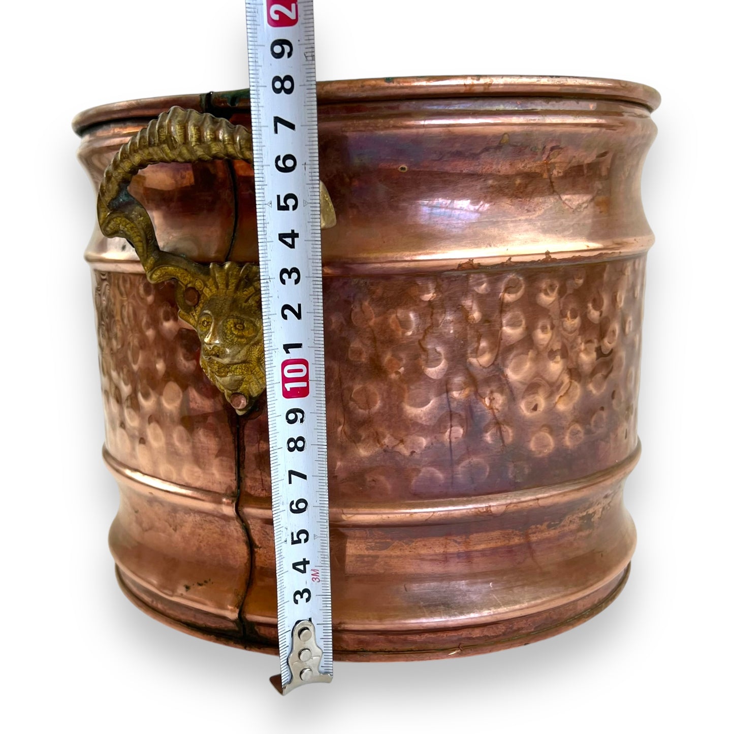 Large Vintage Hammered Copper Pot with Brass Lion head Handles