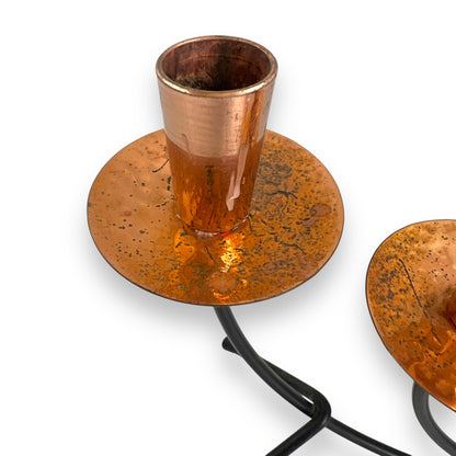 MCM 3-Arm Candle Holder with Copper Detailing | Vintage Metal Candelabra