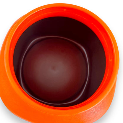 Orange and Brown Plastic Storage Canisters with suction wood look lids