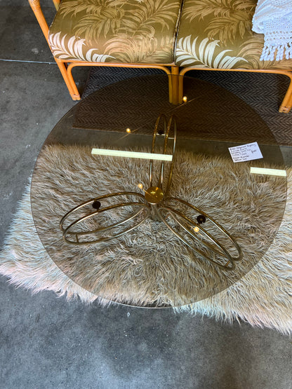 Hollywood Regency Brass & Smoked Glass Coffee Table – Sculptural Triple Ring Base, c.1970s