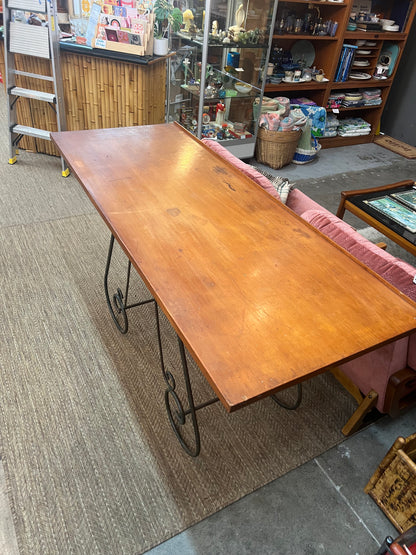Vintage Timber Bar Table / Kitchen Island / Console Table with Wrought Iron Curly Base