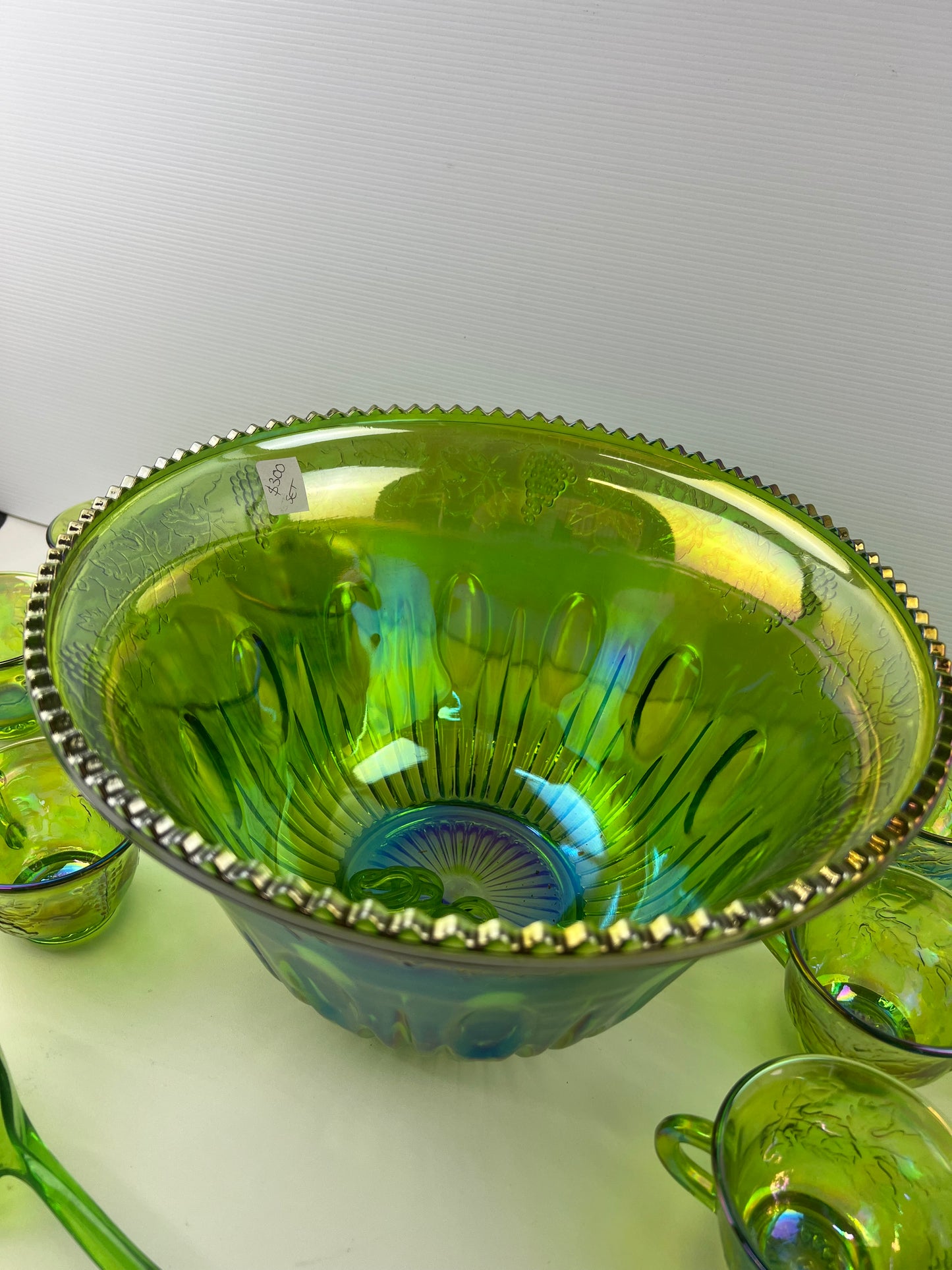 Green Carnival Glass Punch Bowl Set – 12 Cups, Ladle & Hooks