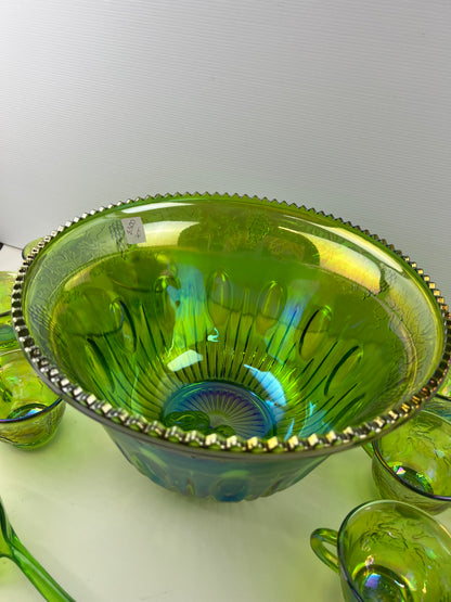Green Carnival Glass Punch Bowl Set – 12 Cups, Ladle & Hooks
