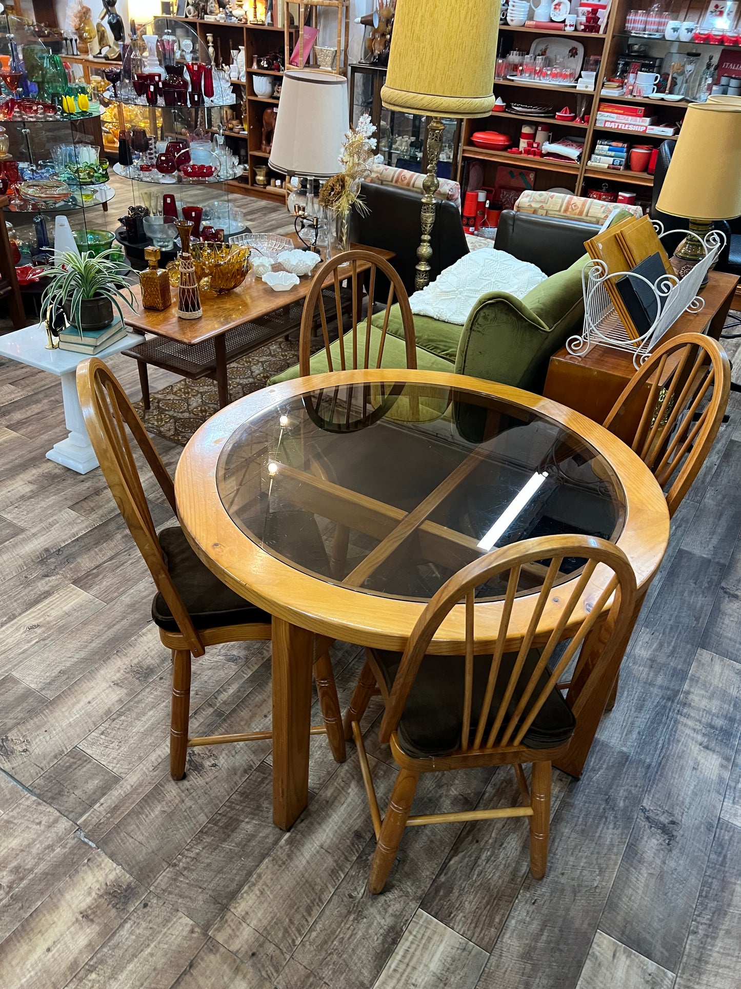Wooden Round Glass Top Dining Table & 4 Chairs with brown velvet cushions