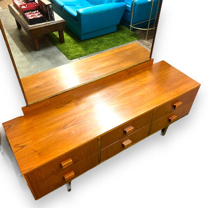 Mid Century Teak Veneer Dressing Table with Large Mirror and 6 Drawers