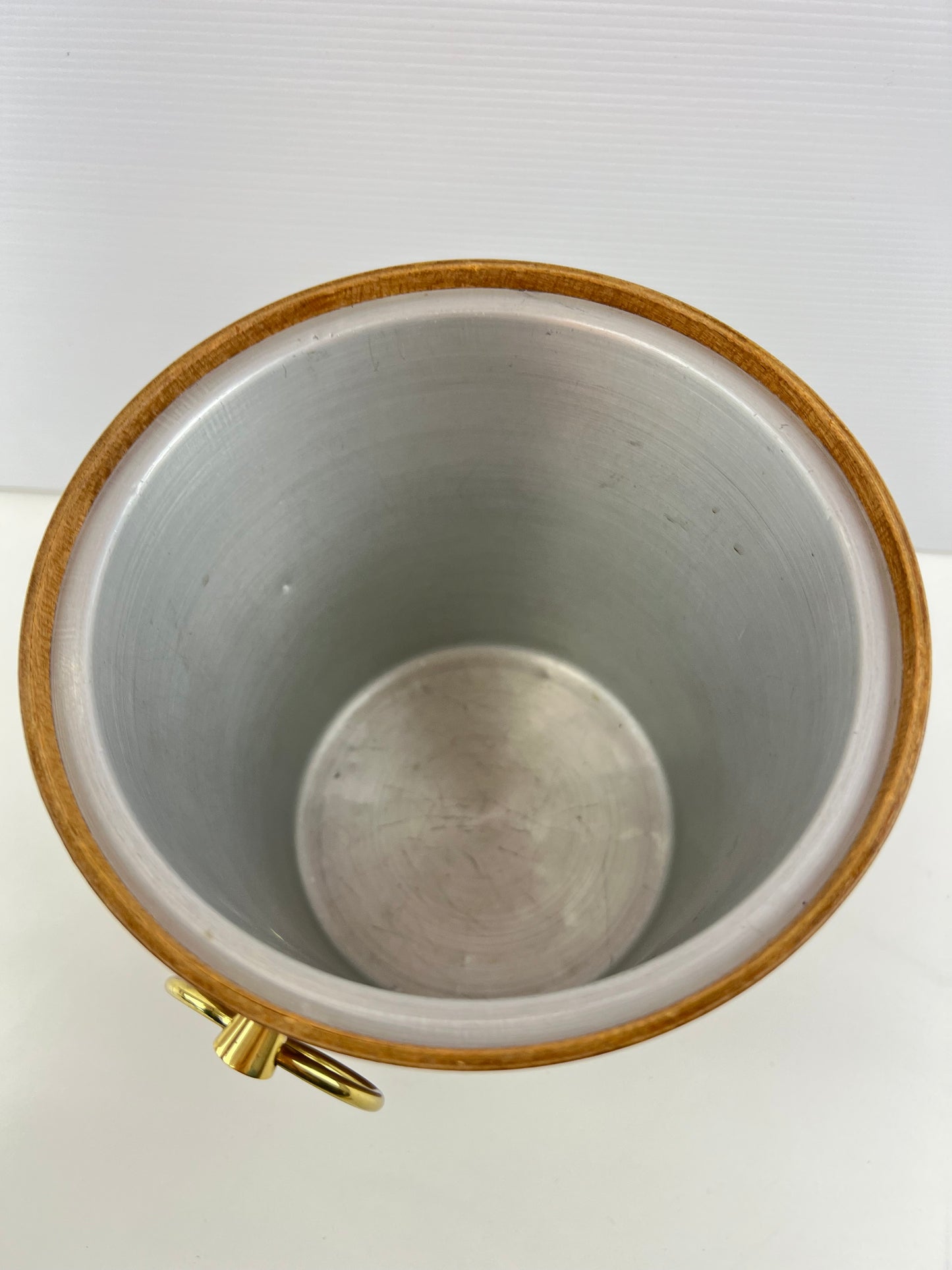 Teak Veneer & Brass Ice Bucket with Ring Handles
