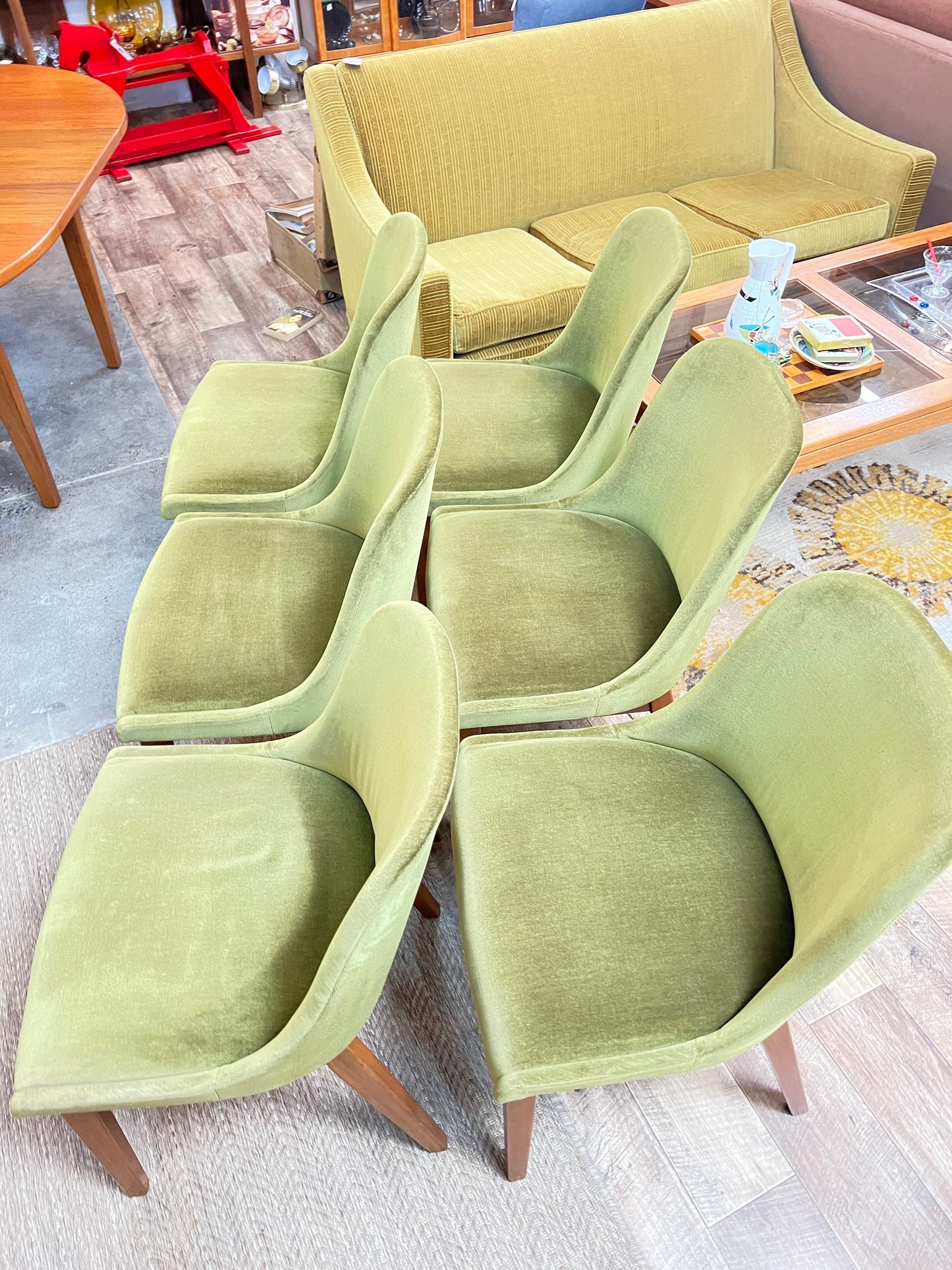 Set of 6 Vintage Australian Mid-Century Green Velvet Dining Chairs