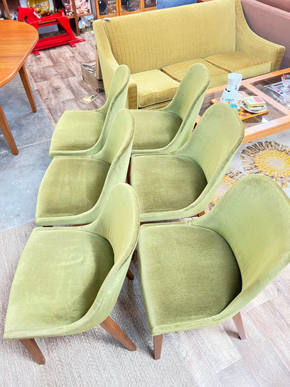 Set of 6 Vintage Australian Mid-Century Green Velvet Dining Chairs